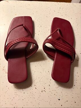 Women's Burgundy Square-Toe Braided Strap Sandals